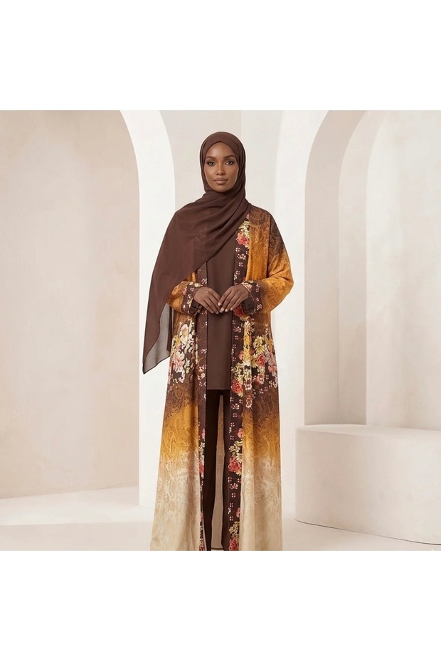 3 Piece Abaya Set Open Front with Inner and Pants – Floral Elegant Modest Outfit
