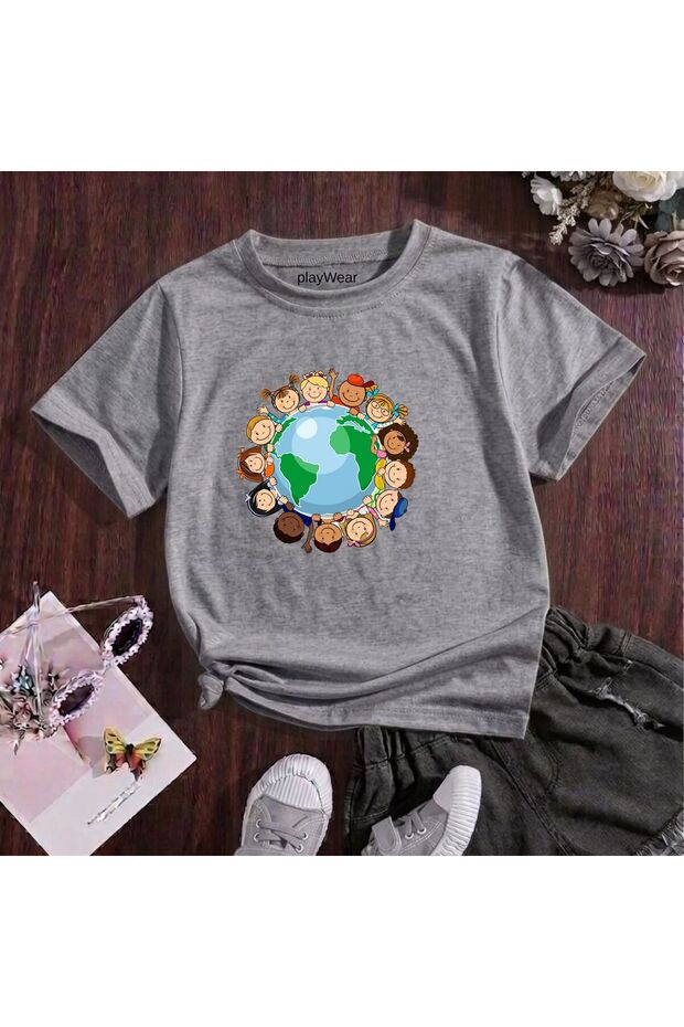 World Map Printed 100% Cotton Crew Neck Kids Unisex T-Shirt 5 6 -7 8-9 10 -11 12 Years Old