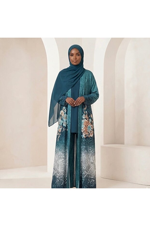 3 Piece Abaya Set Open Front with Inner and Pants – Floral Elegant Modest Outfit