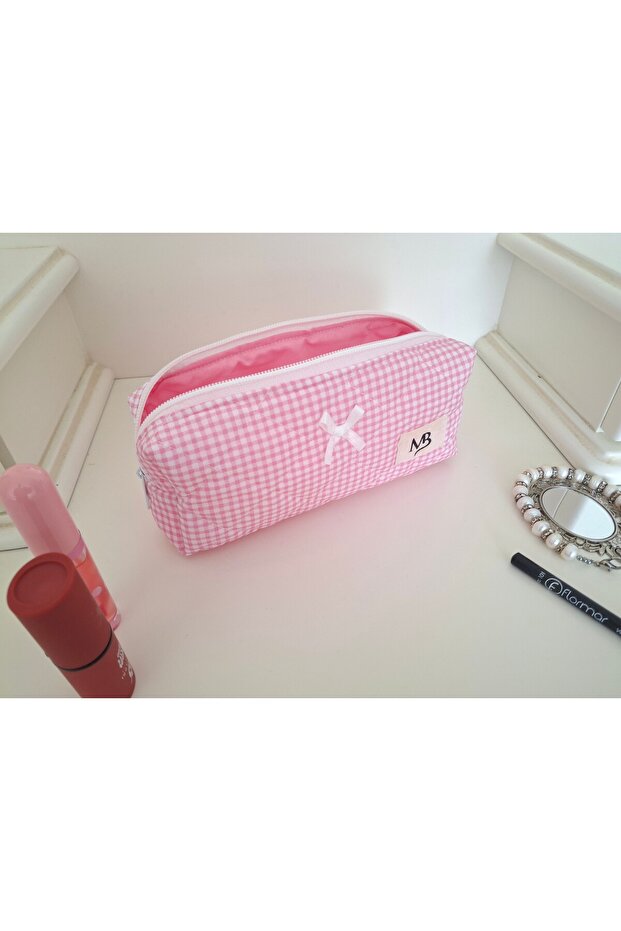 Pink Gingham Patterned Pencil Bag - 4