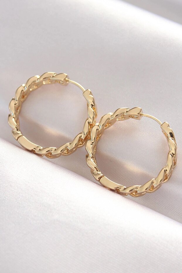Brass Gold Color Chain Model Hoop Earrings