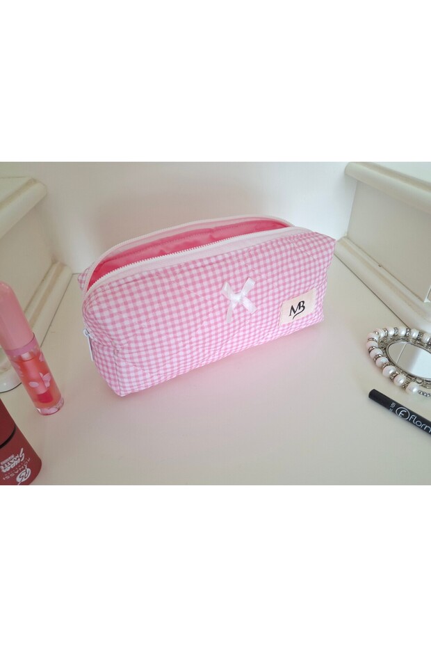 Pink Gingham Patterned Pencil Bag - 2