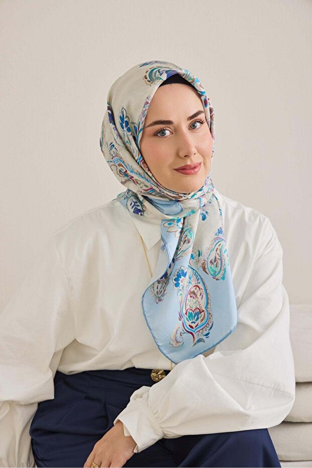 Twill Silk Scarf Shawl Pattern Ecru 90X90