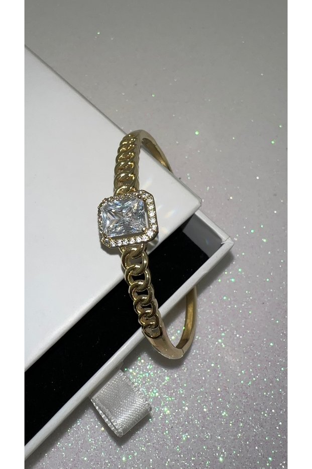 Baguette Zircon Stone Detailed At.Say Model Xuping Stainless Steel Handcuff Bracelet