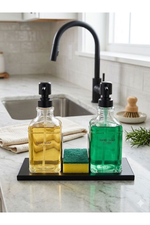 Modern Liquid Soap Dispenser Set of 2 with Metal Stand, Glass Square Soap Dispenser and Sponge Holder 500ml Bathroom and Kitchen