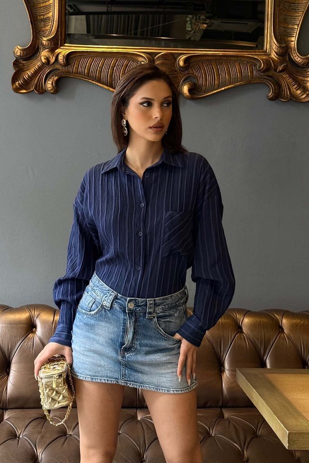 Women's Navy Blue Oversize Shirt Loose Cut Stylish Casual Shirt