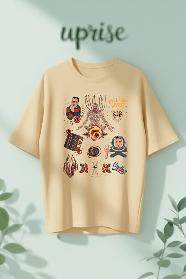 تي شيرت قطني كبير الحجم مطبوع عليه تصميم Stranger Things Collage
