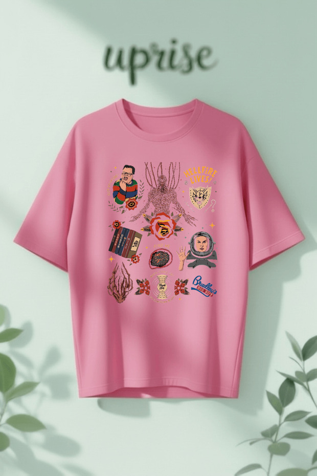 تي شيرت قطني كبير الحجم مطبوع عليه تصميم Stranger Things Collage