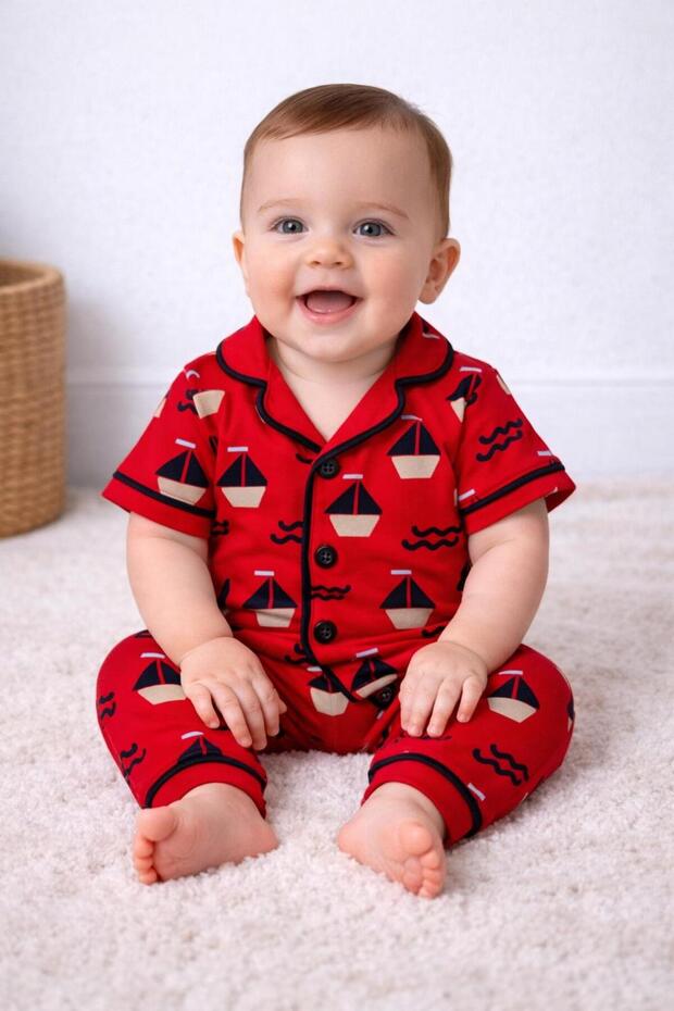 100% Cotton Short Sleeve Buttoned Summer Girls Boys Sailing Patterned Baby Kids Pajama Set
