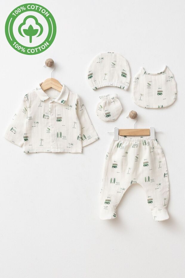 Gots Certified Fabric 100% Cotton Muslin 5-Piece Baby Boy Hospital Discharge Set Gift