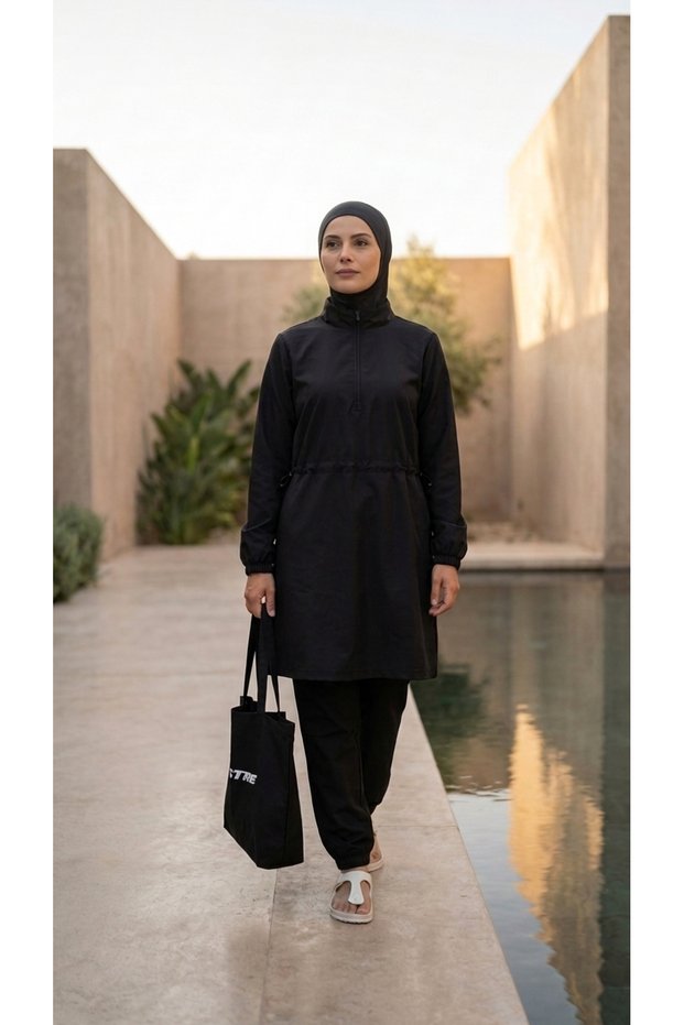 Women's Black, Water-Repellent Parachute Fabric, Quick-Drying, Zippered Elastic Boneli Beach Bag 4-Piece Parachute Hijab Swimsuit Set _2309