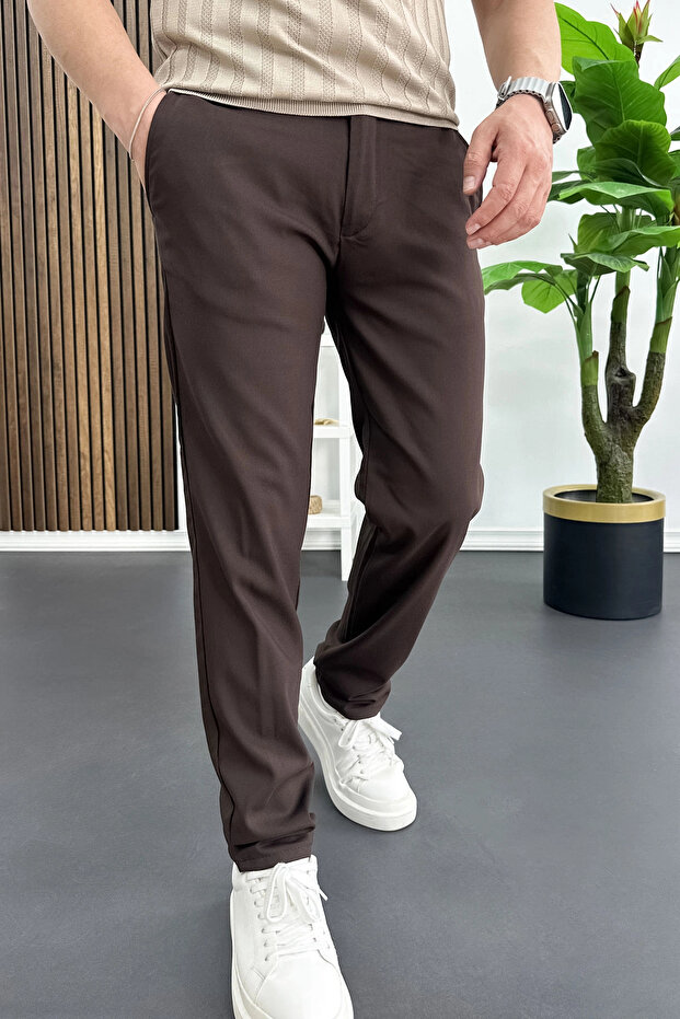 Men's Slim Fit Buttoned Waist Trousers Brown Edw473