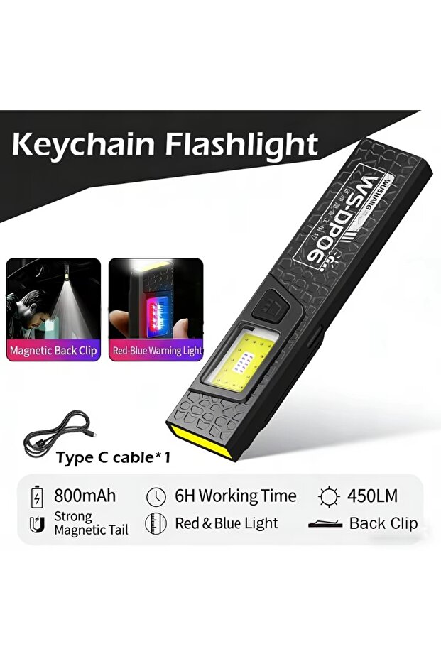 Black 1PC Powerful Mini COB LED Keychain Flashlight USB C Rechargeable Hanging Work Light Waterproof