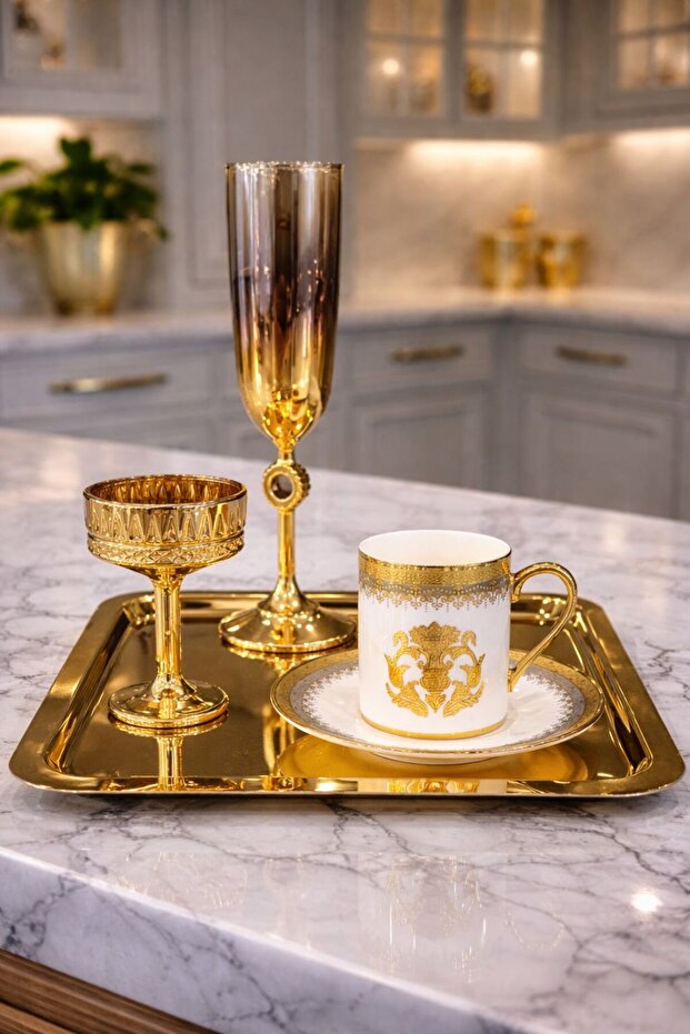 Gold Coffee Presentation Set – Gold Coffee Cup, Turkish Coffee Cup, Coffee Saucer and Tray - Luxury Coffee Set