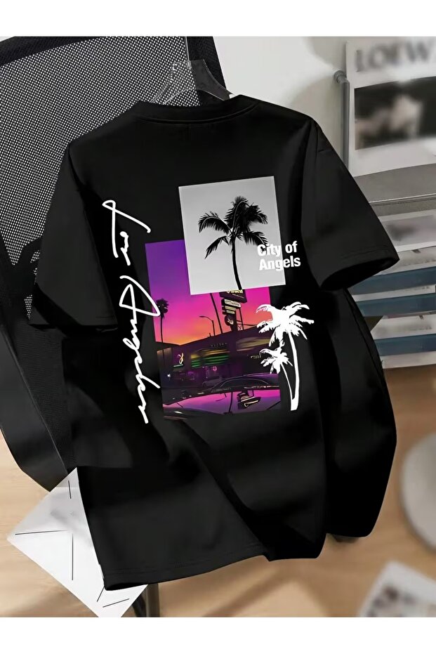 Graphic t Shirts for Man Men's Los Angeles Pattern T-Shirt Black Neon La Palm Tree Cityscape