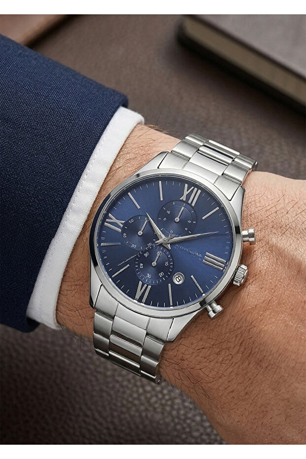 Men's Silver Metal Cord Navy Blue Dial Functional Wristwatch 2 Years Warranty
