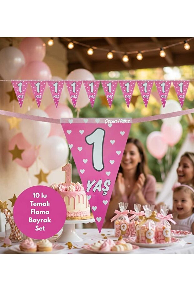 Pink 1 Year Old Triangle Pennant Flag 10-Pack 1 Year Old Birthday Pennant, 1 Year Old Decoration (1.5m)