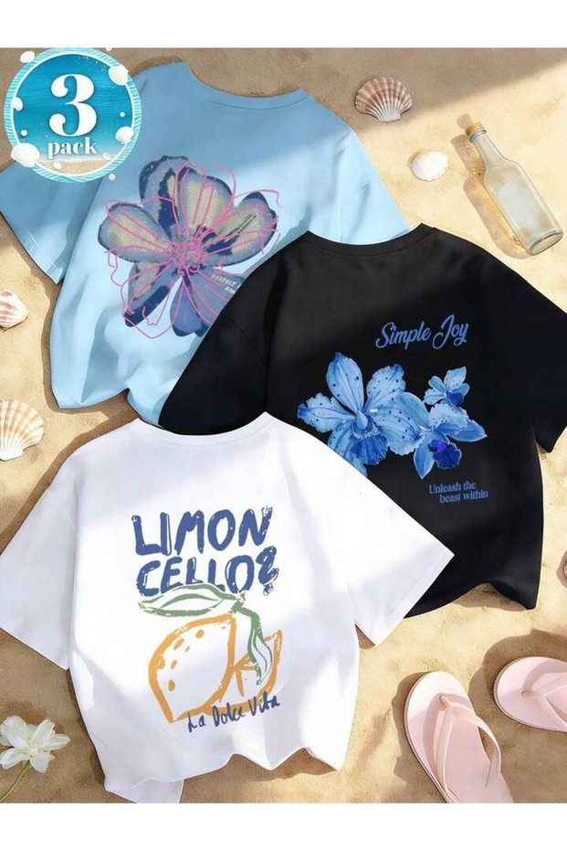 Girl's 3-Pack Simple Joy-Flower-Limoncello Printed Combed Cotton T-Shirt (Baby Blue-Black-White)