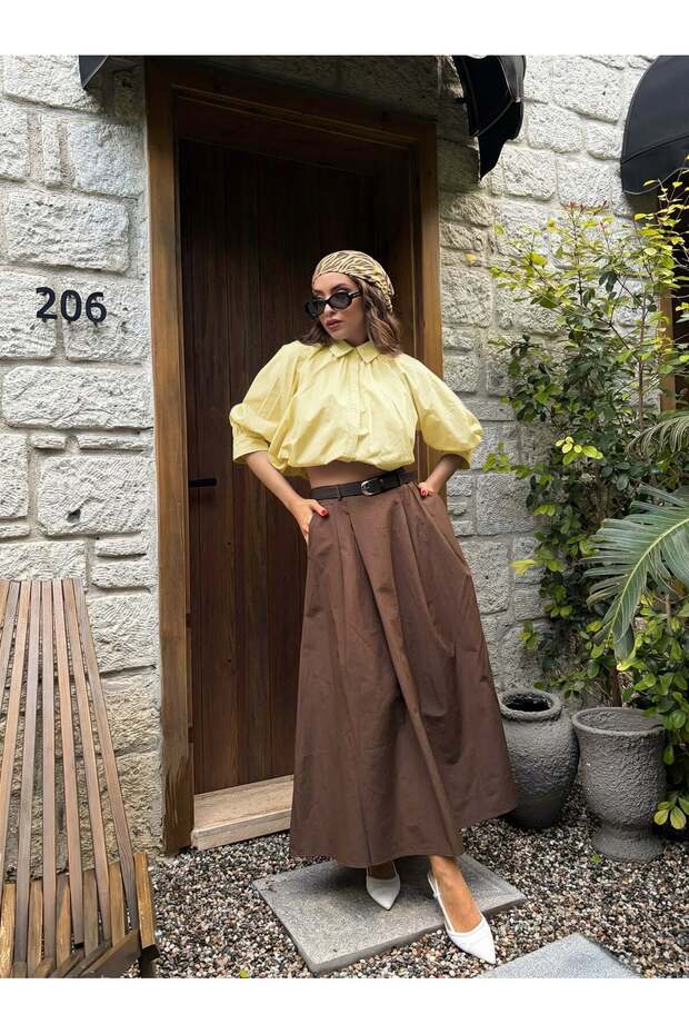 Brown A-Line Pleated and Belted Long Poplin Women's Skirt 31070