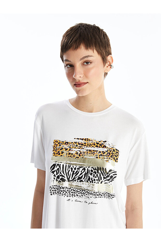 Lcw Vision White Crew Neck Printed Short Sleeve Women's T-Shirt