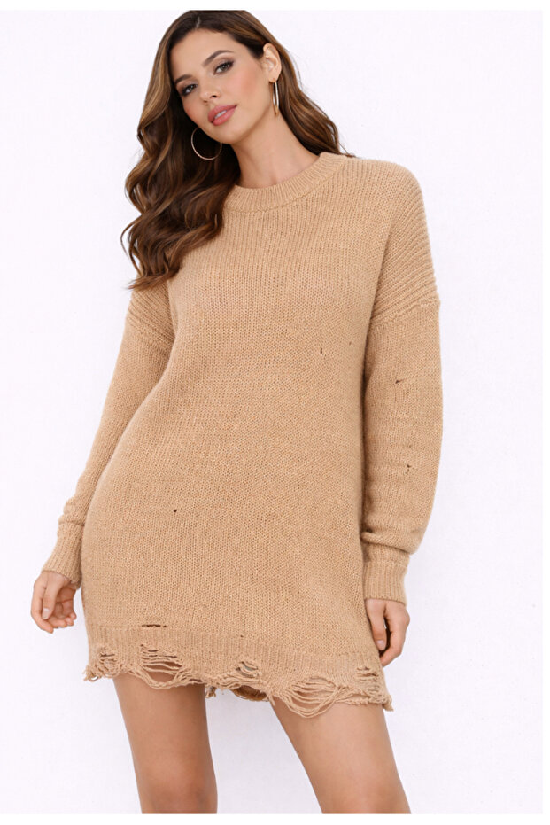 Pulover Rochie Oversized Bej cu Efect Destroyed - 1