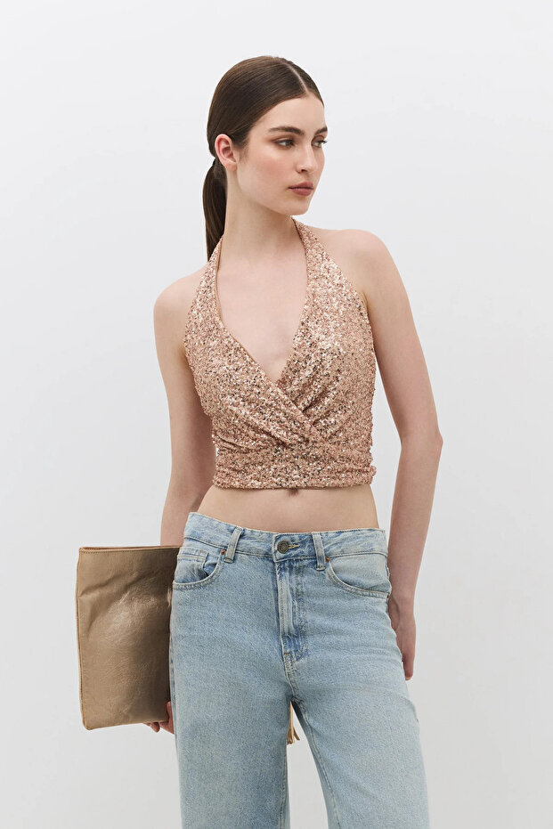 Sequined V-Neck Women's Blouse with Back Detail
