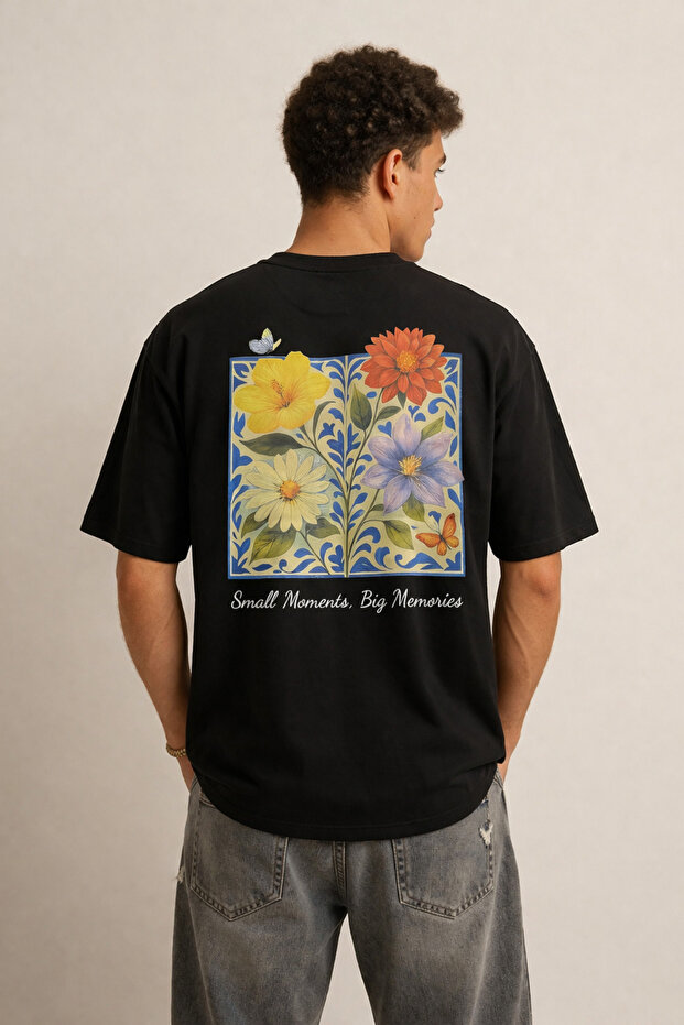 Men's Floral Printed T-Shirt – Oversize Fit, Back Patterned with "Small Moments Big Memories"