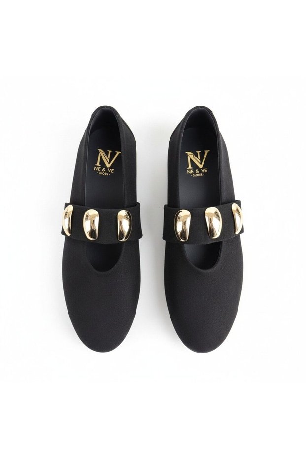 Black Suede Elastic Women's Stylish and Comfortable Ballerinas with Gold Accessory Detail