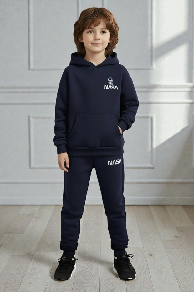 Astronaut Nasa Writing Printed Hooded Unisex Tracksuit Set with Kangaroo Pocket