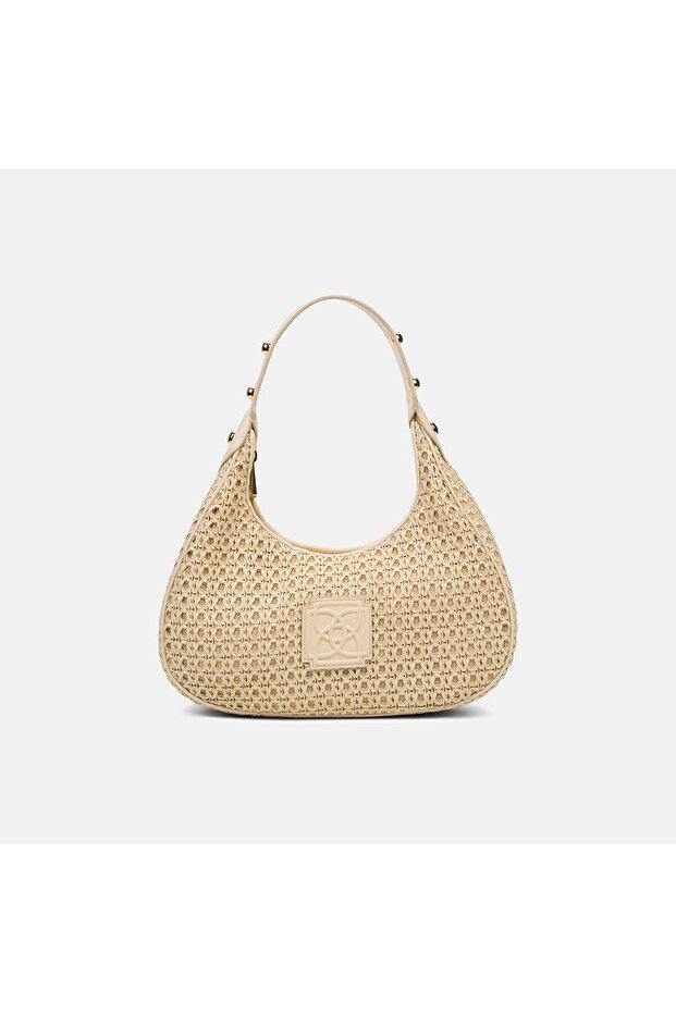 Women's Beige Hazeran Motif Shoulder Bag with Gold Accessories