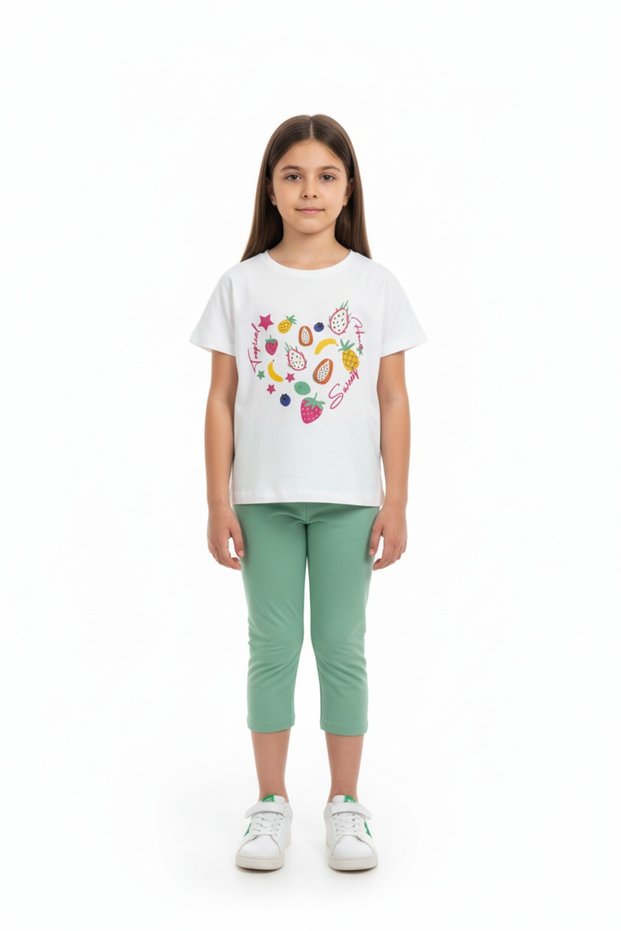 Girl's 2-Piece Capri Tights Set Crew Neck Short Sleeve Printed T-Shirt - Elastic Waist