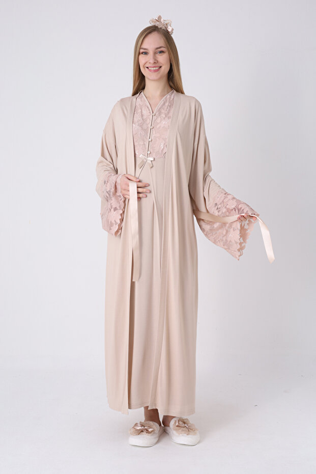 Wide Lace Sleeves Maternity Nightgown Dressing Gown Set Cotton