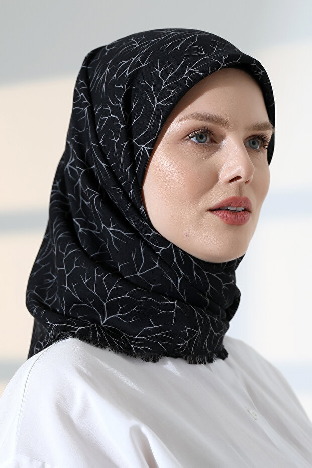 وشاح قطني بنقشة شجرة، حجاب رأس ناعم الملمس للصيف - أسود