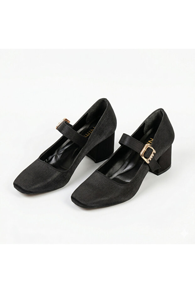 Black Satin Heeled Women's Shoes