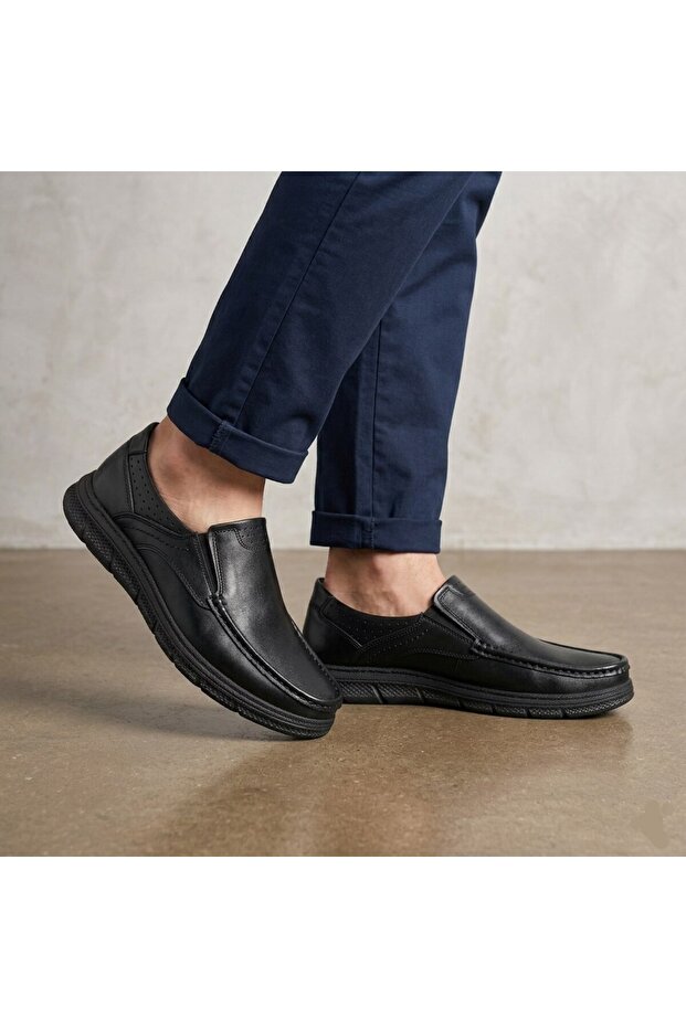 Laceless Ankle Part with Dots and Pool Model Genuine Leather Men's Daily Comfort Shoes Ay-596-Y