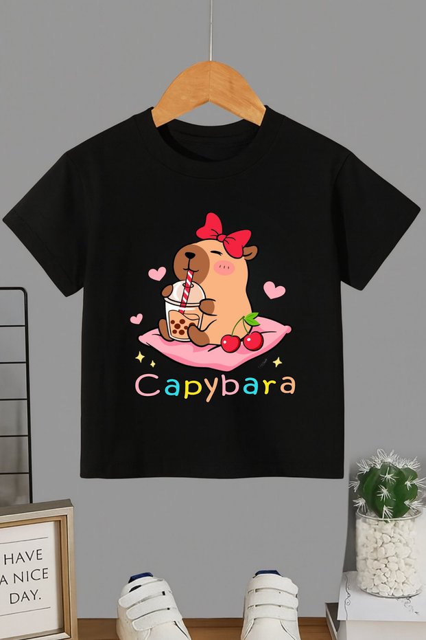 Capybara Printed Unisex Black-White Short Sleeve T-Shirt Tshirt