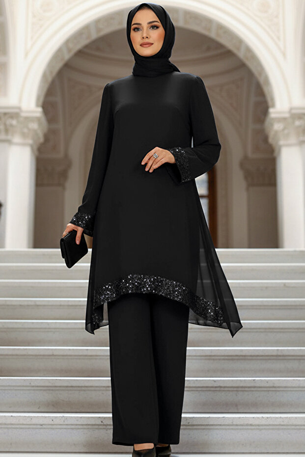Plus Size Hijab Evening Dress Tunic Trousers 2 Piece Set Chiffon Sequin Detailed Tbselbe68