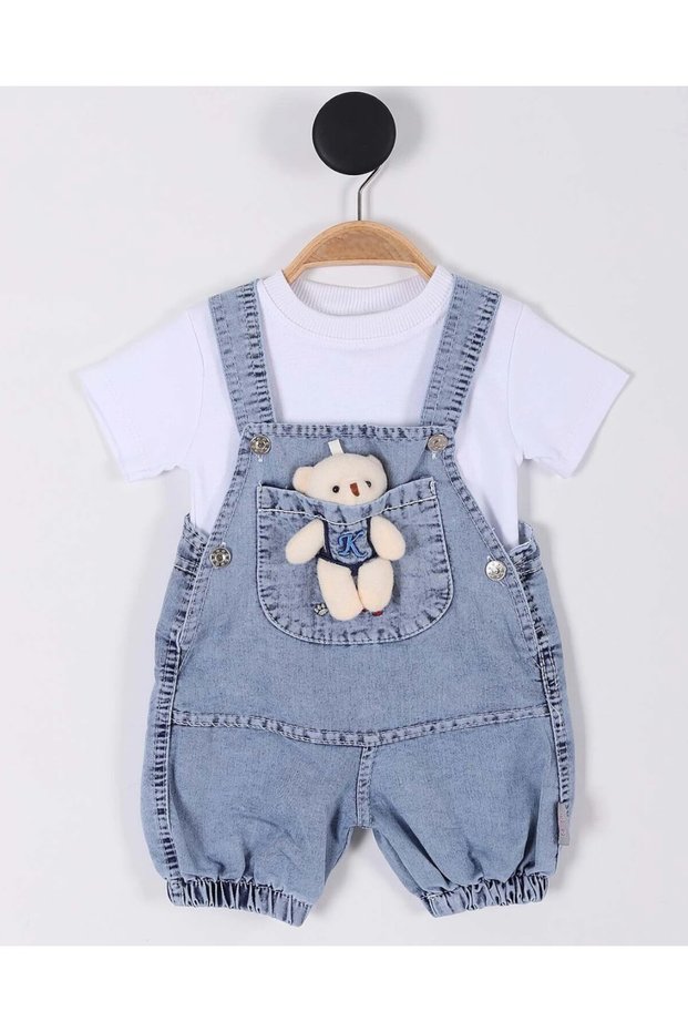 Baby Boy 2-Piece Stylish Set with Summer Teddy Bear Accessories, Denim Overalls and White T-Shirt, 3-6-9-12 Months