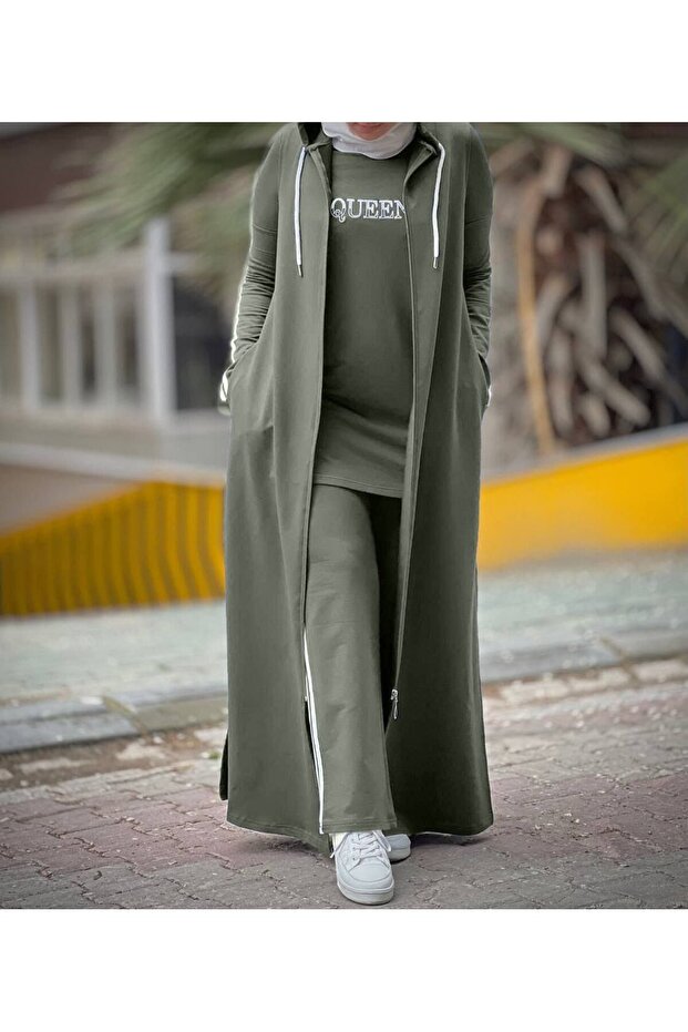 Women's 3-Piece Long Hooded Tracksuit Set Two-Thread Cotton Zipper N-05115 _ Khaki