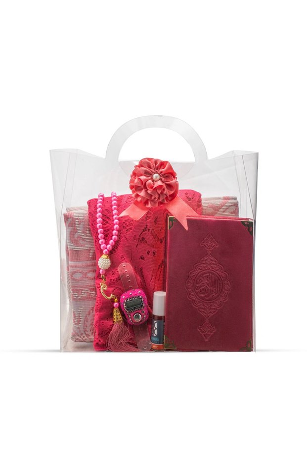 Prayer Rug + Scarf + Essence + Prayer Beads + Zikirmatik + Large Pocket Size Velvet Quran Set (Cold Print, Fuchsia)