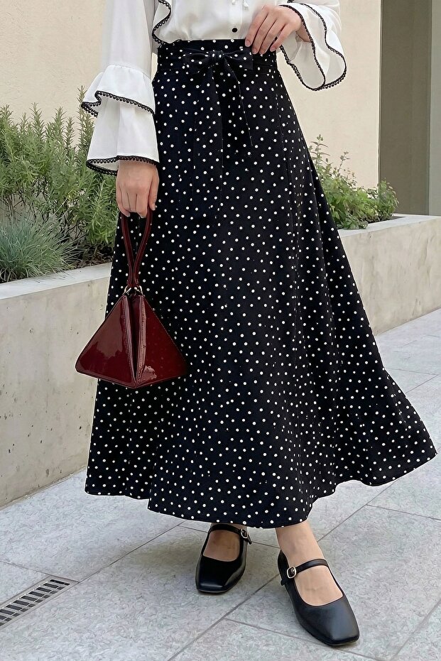 High Waist Belted Polka Dot Black Skirt