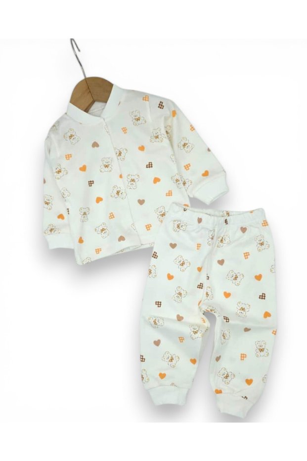 Baby Girl Heart and Teddy Bear Printed Snap Fastener Seasonal 100% Cotton Nightgown Top and Bottom Pajama Set