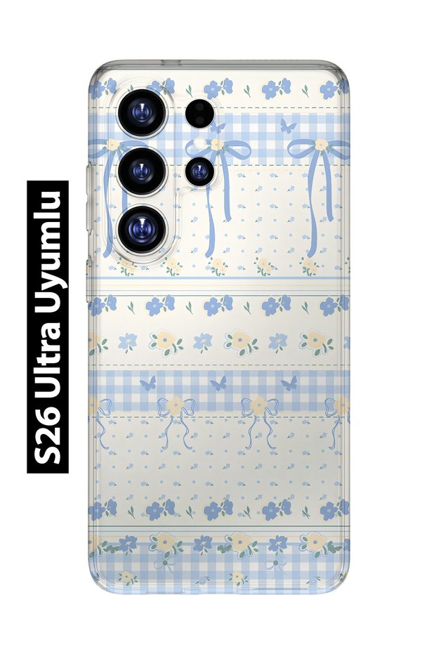 Samsung Galaxy S26 Ultra Compatible Blue Bow and Floral Pattern Transparent Phone Case