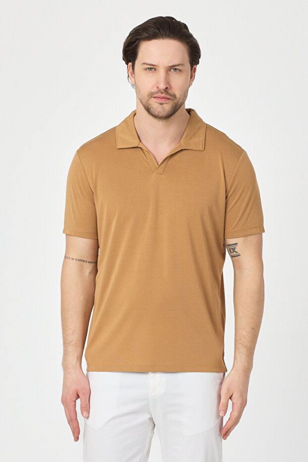 Vita Men's Light Brown Modal Fabric Slim Fit Flexible Polo Collar T-Shirt