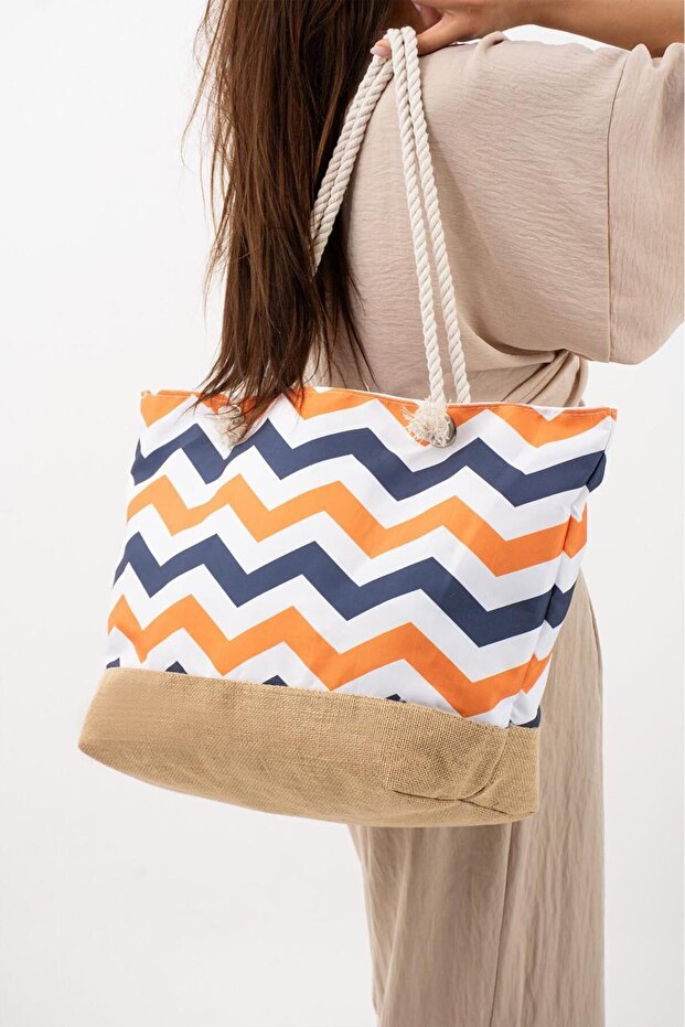 Large Casual Beach Bag with Straw Detail and Patterned Design
