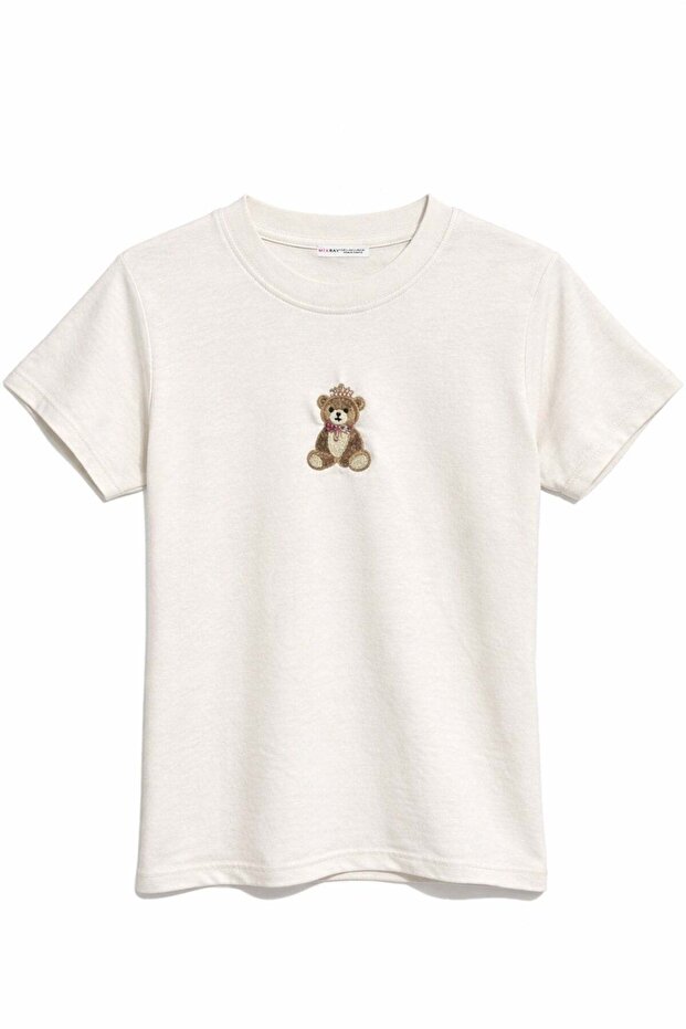 2078 Women's 100% Cotton Teddy Bear Embroidered Crew Neck T-Shirt Beige