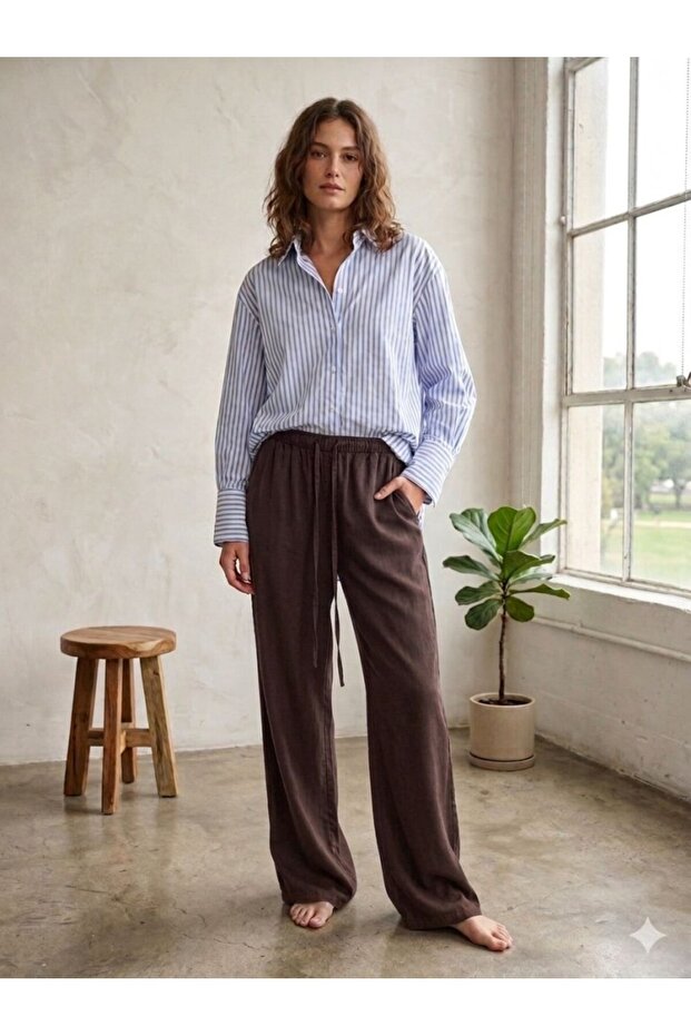 Women's Brown Tencel Pants with Tie Waist and Loose Fit