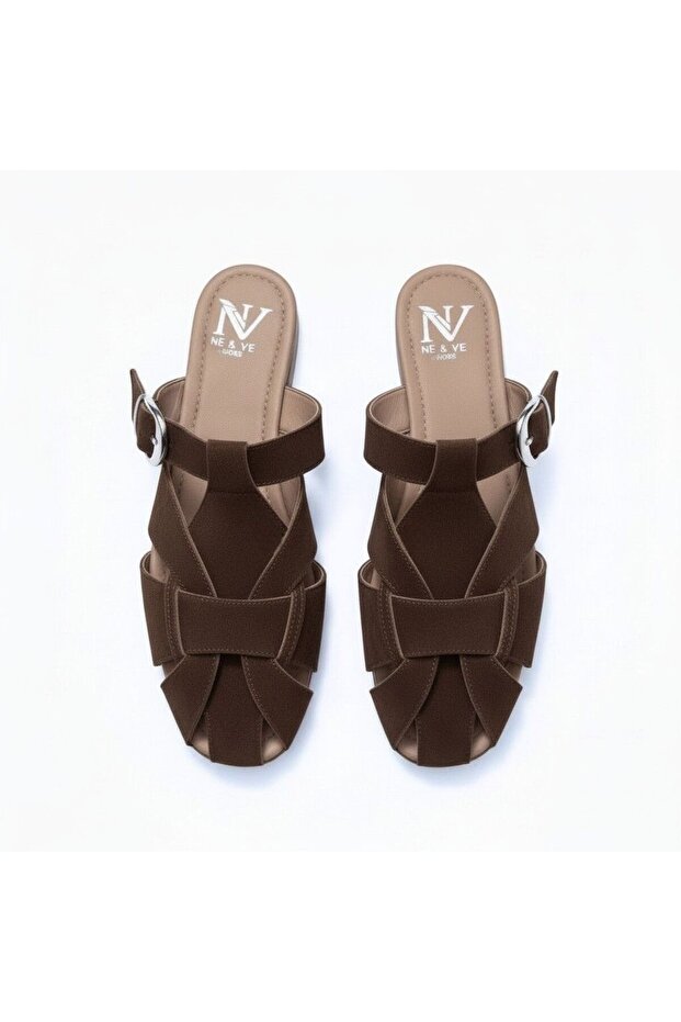 Brown Suede Buckle Women's Square Toe Sabo Slippers