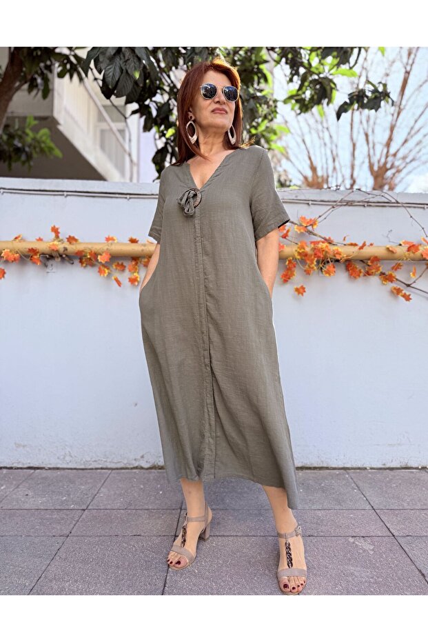 Linen Textured Buckle Cotton Dress Khaki
