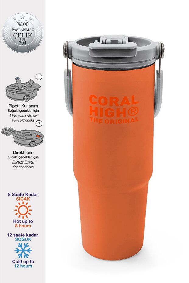Orange Thermos with Straw and Direct Drinking Steel Cup 900 ml 38757
